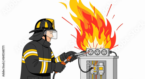 Professional firefighter in protective uniform uses insulated pliers to manage a dangerous electrical fire from a short circuit.