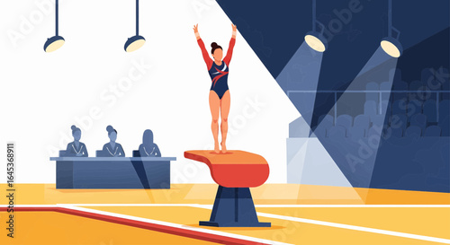 Female gymnast with arms raised in a triumphant pose after a successful vault performance at a championship.