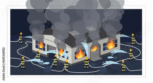 House Fire Emergency Firefighters Battling Flames and Smoke in a Residential Area