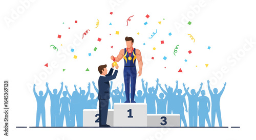 Vector illustration of a triumphant winner on a podium receiving a gold medal, celebrating championship recognition with confetti and a crowd.
