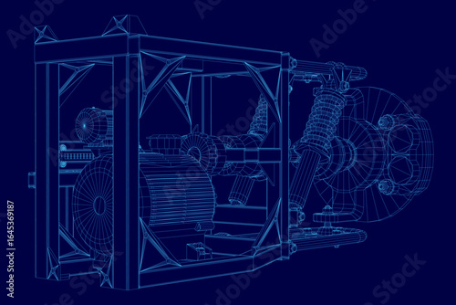A modular 3D wireframe model of an electric machine with detailed suspension components on a blue background. The blueprint showcases intricate mechanical parts and motor connections.