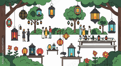 Elegant evening garden party with diverse guests socializing under a canopy of glowing decorative lanterns.
