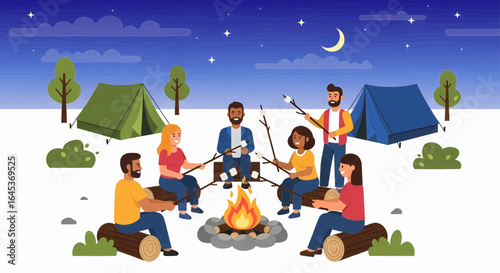Group of friends roasting marshmallows around a campfire at night, camping and enjoying outdoor activities