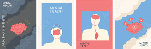 Minimalist vector illustration set about mental health. Four concepts showing emotional states and well-being. Flat design, soft colors, emotional wellness theme.