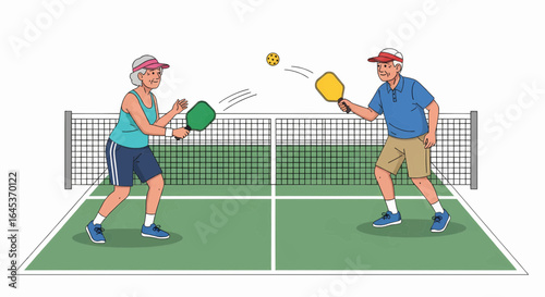 Active senior couple playing a friendly game of pickleball on an outdoor court, promoting a healthy and fun lifestyle for the elderly.
