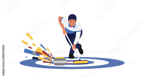 Male curler athlete in action sweeping the ice rink ahead of the stone during a winter sports competition.