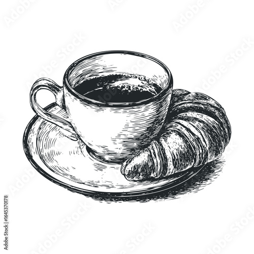 Coffee and croissant on a plate for breakfast enjoyment