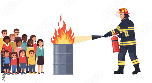 Professional firefighter teaching a diverse group of adults and children about fire safety and how to use an extinguisher