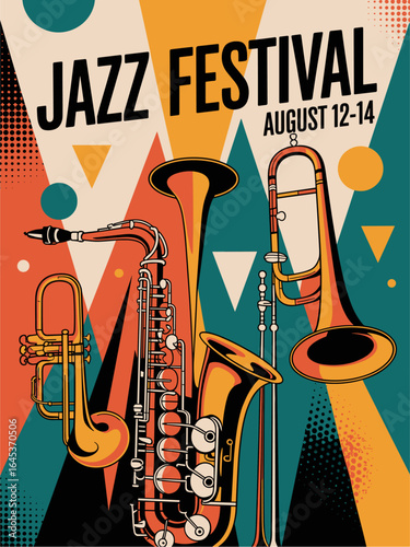 Colorful retro flat vector poster for Jazz Festival featuring brass instruments, bold typography, and mid-century design with geometric shapes and vintage 1950s-inspired style