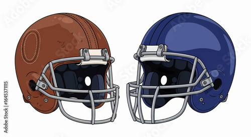 Two distinct American football helmets, one vintage brown and one modern blue, stand in opposition, symbolizing rivalry, team spirit, and the enduring passion for gridiron sport.