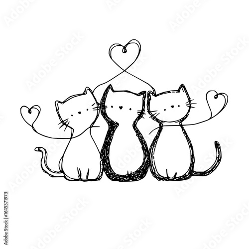 Three cute doodle cats with heart tails vector illustration for valentine's day and love concepts