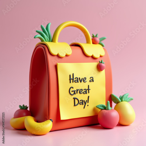 Red cartoon schoolbag with have a great day text and colorful fruit decor