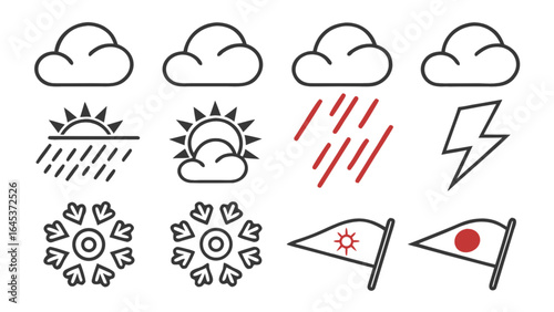 Weather forecast icons set cloud sun rain snow lightning and flags vector illustration graphic design