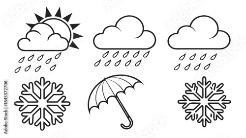 Weather forecast icons set sun rain cloud snow umbrella vector illustration weather elements outline style