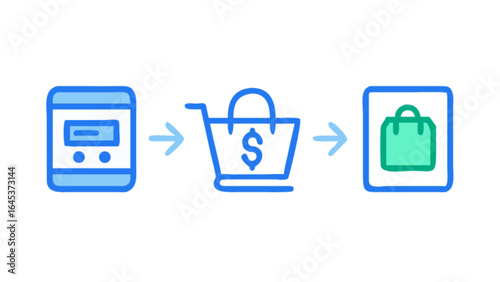 Online shopping process from mobile app to cart and checkout bag for ecommerce retail sale concept