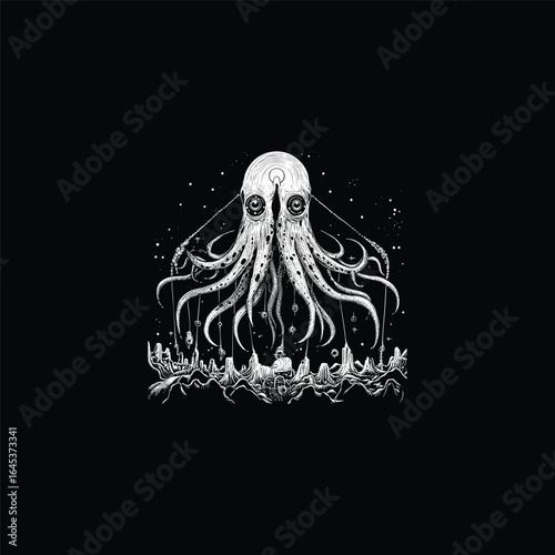 A dramatic, engraved illustration of a cosmic octopus with long tentacles reaching down to a dark, desolate landscape