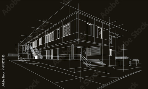 Cad drawing flat vector illustration, architectural building design, exterior building elevation, modern building sketch, architectural blueprint, construction building design