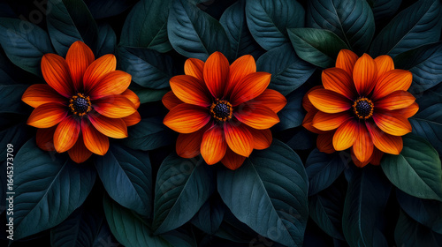 Wallpaper Mural Captivating botanical arrangement featuring three intensely orange-red flowers, their dark centers contrasting beautifully with surrounding deep teal and emerald green leaves, evoking sense of dramati Torontodigital.ca