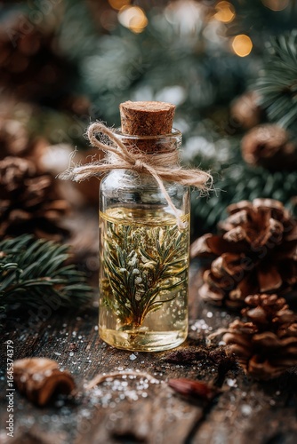 Christmas essential oils in a small bottle. Selective focus, Generative AI,