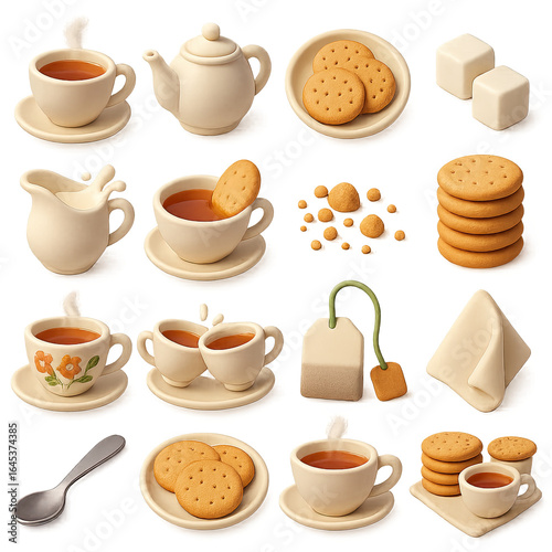 3d tea time icon set featuring teapot, cup, teabag, milk, sugar, spoon, and biscuit symbols
