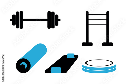 Fitness Equipment Icons Dumbbell Yoga Mat Pull Up Bar Weight Plate weights barbell