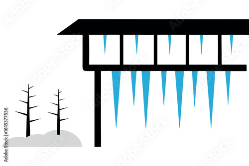 Black roof with blue icicles and bare trees in snow on white background winter cold
