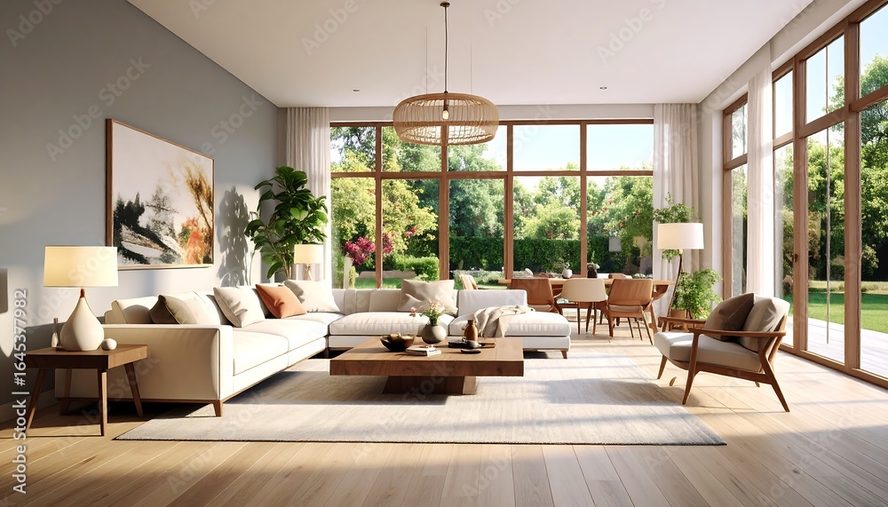 Fototapeta premium Luxurious Modern Living Room with Large Windows and Garden View