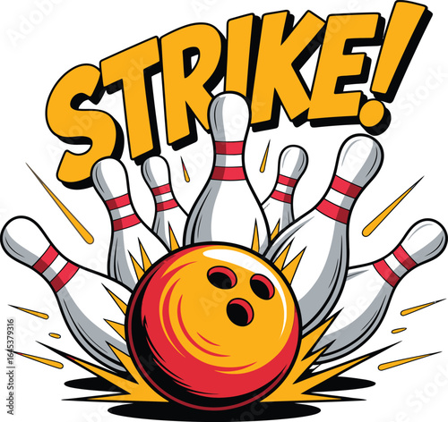 Dynamic illustration of a bowling ball hitting pins with a bold strike text graphic capturing the excitement of a perfect game