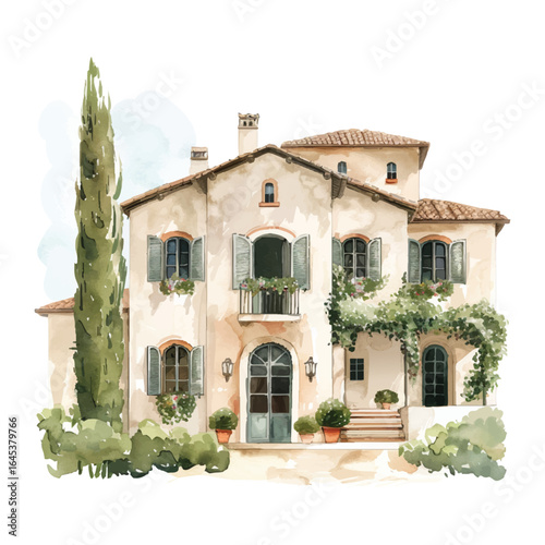 Watercolor Tuscan Villa Vector Illustration with Cypress Tree and Stone Facade