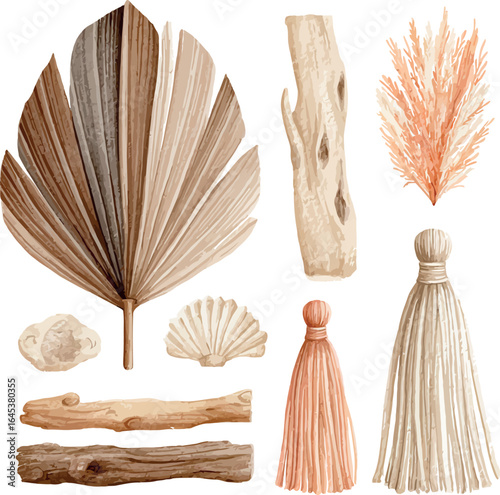 Elegant watercolor boho tassels with sun-bleached driftwood and rustic natural details - vector illustration