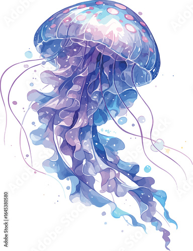 Vibrant watercolor artwork of a jellyfish with vivid colors and gracefully moving tentacles - vector illustration