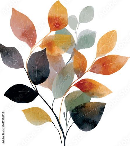 Watercolor botanical elements in bohemian style with floral and leafy artistic patterns - vector illustration