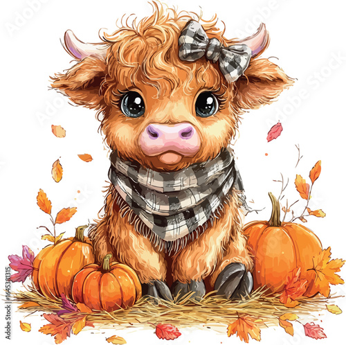 Adorable watercolor baby highland cow surrounded by pumpkins and cozy autumn decorations - vector illustration