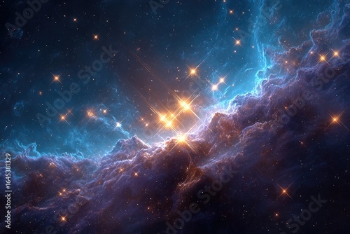 Nebula with bright stars and swirling blue and purple clouds