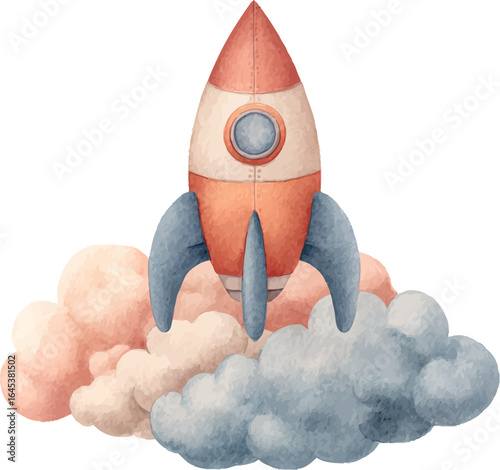 Delightful watercolor design of an adorable rocket soaring among pastel planets and stars - vector illustration