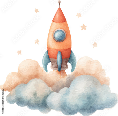 Playful watercolor art of a smiling rocket traveling through a magical cosmic landscape - vector illustration