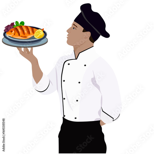 male chef holding a fish dish on his hand
