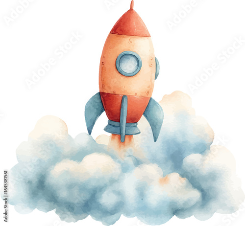 Whimsical watercolor painting of a tiny rocket surrounded by sparkling stars and planets - vector illustration