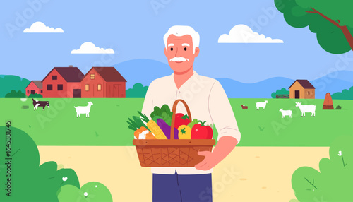 Portrait of a mature farmer showcasing a bountiful harvest of locally grown vegetables in a rural farm landscape.