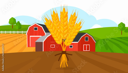 Bountiful wheat harvest on a picturesque farm with red barns, symbolizing agriculture and rural life.