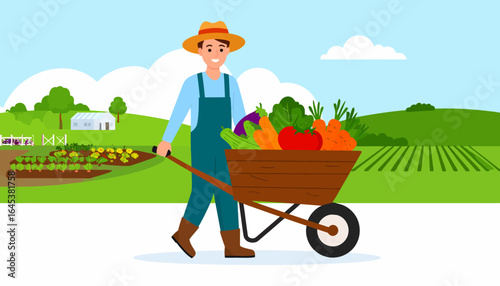 Happy farmer character pushing a wheelbarrow full of fresh organic vegetables from the garden harvest.