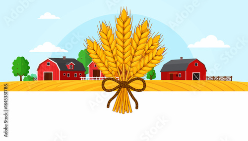 Idyllic rural farm scene celebrating the autumn harvest with a central bundle of golden wheat