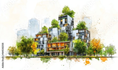 Sustainable development project sketch featuring green buildings and trees. Urban planning with a focus on green space, energy efficiency, and reduced carbon footprint, Generative AI