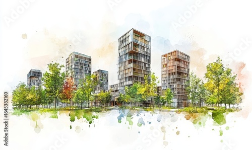 Sustainable development project sketch featuring green buildings and trees. Urban planning with a focus on green space, energy efficiency, and reduced carbon footprint, Generative AI