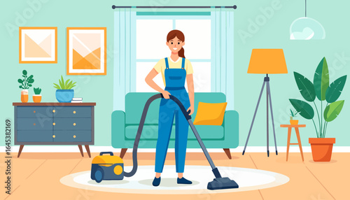 Happy woman in uniform vacuuming the floor in a modern cozy living room. Housekeeping service.
