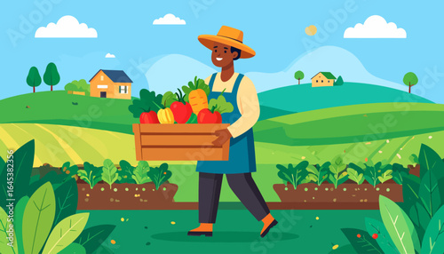 Cheerful farmer carrying a wooden crate of freshly harvested vegetables on a sunny day.