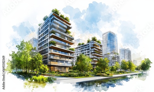 Sustainable development project sketch featuring green buildings and trees. Urban planning with a focus on green space, energy efficiency, and reduced carbon footprint, Generative AI