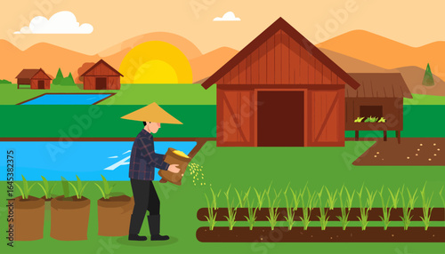 Farmer watering crops in a rural village with rice paddies and traditional houses