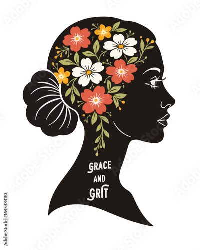 Profile silhouette of a woman with floral hair design
