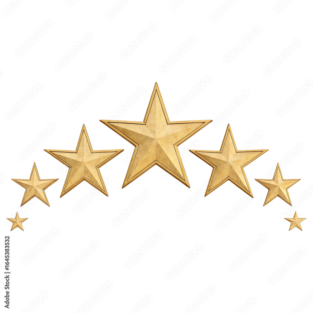 Obraz premium Arrangement of Five Golden Stars in a Symmetrical Pattern on Transparent Background for Rating Systems